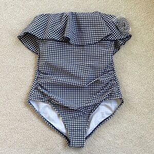 Kona Sol| Gingham Strapless One-Piece Blue Checker Ruffle Bathing Suit Small 4 6